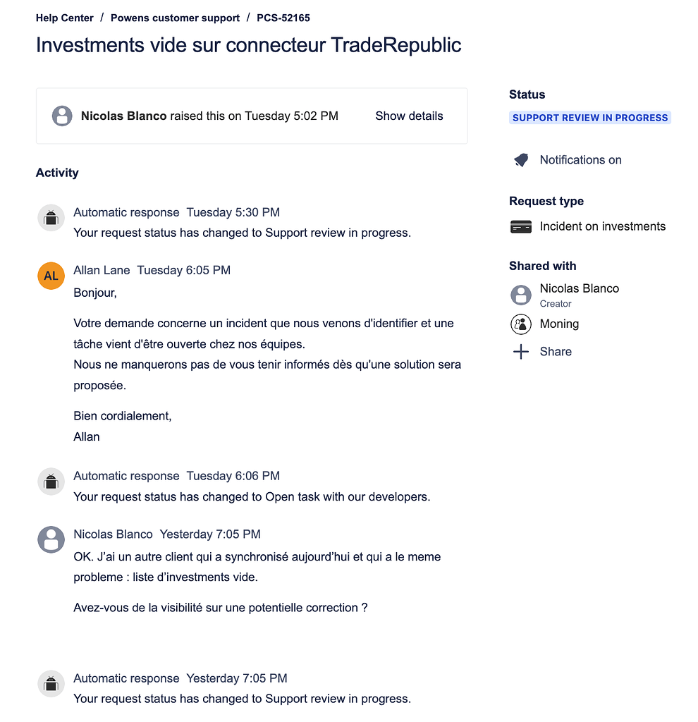 Trade Republic problème de remontée des investissements Support Moning