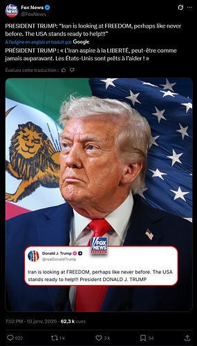 Screenshot 2026-01-10 at 20-36-53 Fox News sur X PRESIDENT TRUMP “Iran is looking at FREEDOM perhaps like never before. The USA stands ready to help!!!” https __t.co_xbYUgplo9o _ X