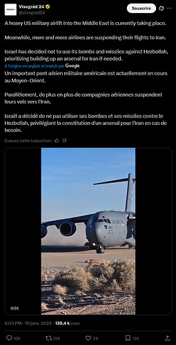 Screenshot 2026-01-10 at 19-16-47 Visegrád 24 sur X A heavy US military airlift into the Middle East is currently taking place. Meanwhile more and more airlines are suspending their flights to Iran. Israel has decided not to...