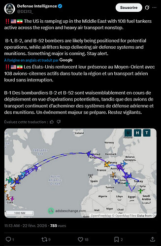 Screenshot 2026-02-22 at 11-28-25 Defense Intelligence sur X ‼️🇺🇸🇮🇷 The US is ramping up in the Middle East with 108 fuel tankers active across the region and heavy air transport nonstop. B-1 B-2 and B-52 bombers are lik...