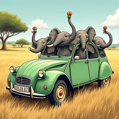 4 elephants dans une 2cv verte